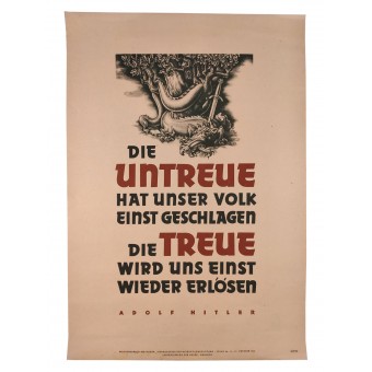 WW2 Poster. Unfaithfulness has defeated our people once. Adolf Hitler. Espenlaub militaria