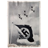 Postal con la bandera alemana con una esvástica y aviones en vuelo, 1940