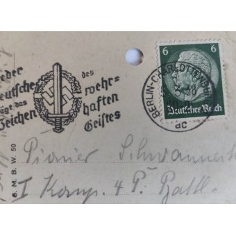 Postcard with nazi motto and stamp dated with March 5th, 1938. Espenlaub militaria