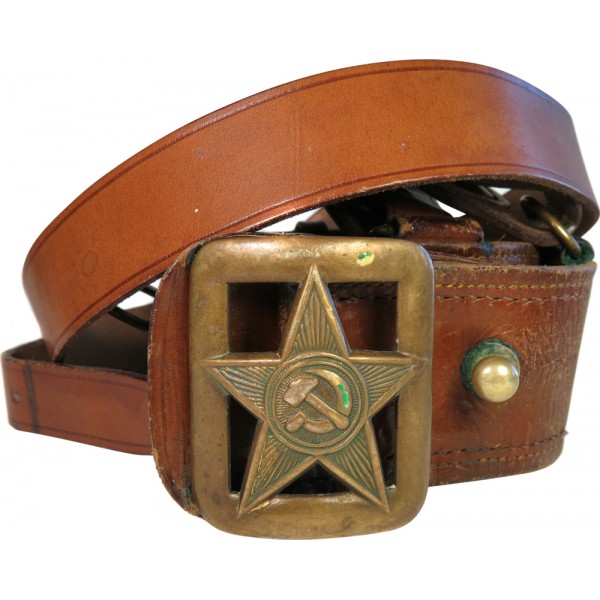 1980s Soviet Bloc Army Leather Belt & Metal Buckle Communist Star Brown 34-40" 