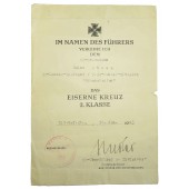 Iron Cross Second Class award certificate to the SS-Sturmann in division Hohenstaufen
