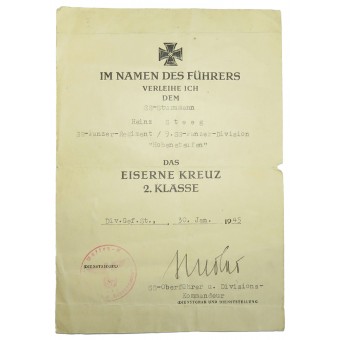 Iron Cross Second Class award certificate to the SS-Sturmann in division Hohenstaufen. Espenlaub militaria
