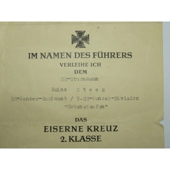 Iron Cross Second Class award certificate to the SS-Sturmann in division Hohenstaufen. Espenlaub militaria