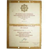 The German Cross in Gold Award Certificate
