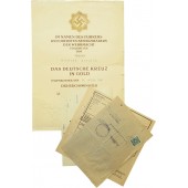 Award certificate for the German cross in gold, issued to Feldwebel Hermann Harders and papers