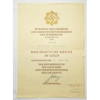 Award certificate for the German cross in gold, issued to Feldwebel Hermann Harders and papers. Espenlaub militaria