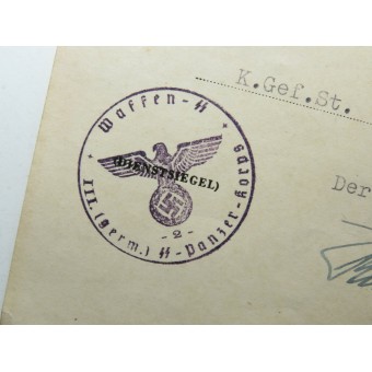 Award certificate to Iron cross 1939, SS-Panzer-Korps stamps.. Espenlaub militaria