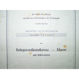 KVK 2 award document. Espenlaub militaria