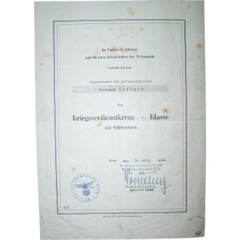 KVK 2 award document. Espenlaub militaria