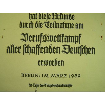 3 Reich Berufswettkampf certificate for the competition winner. Espenlaub militaria