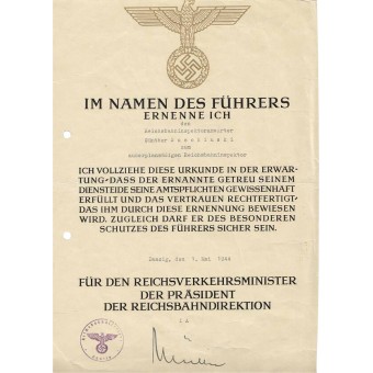 3 Reich certificate for professional grow issued to Reichsbahninspectoranwärter. Espenlaub militaria