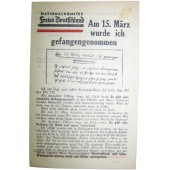 WW2 Soviet leaflet for German soldiers-Nationalkomitee Freies Deutschland -Am 15.03 wurde ich gefangengenommen