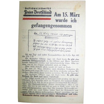 WW2 Soviet leaflet for German soldiers-Nationalkomitee Freies Deutschland -Am 15.03 wurde ich gefangengenommen. Espenlaub militaria